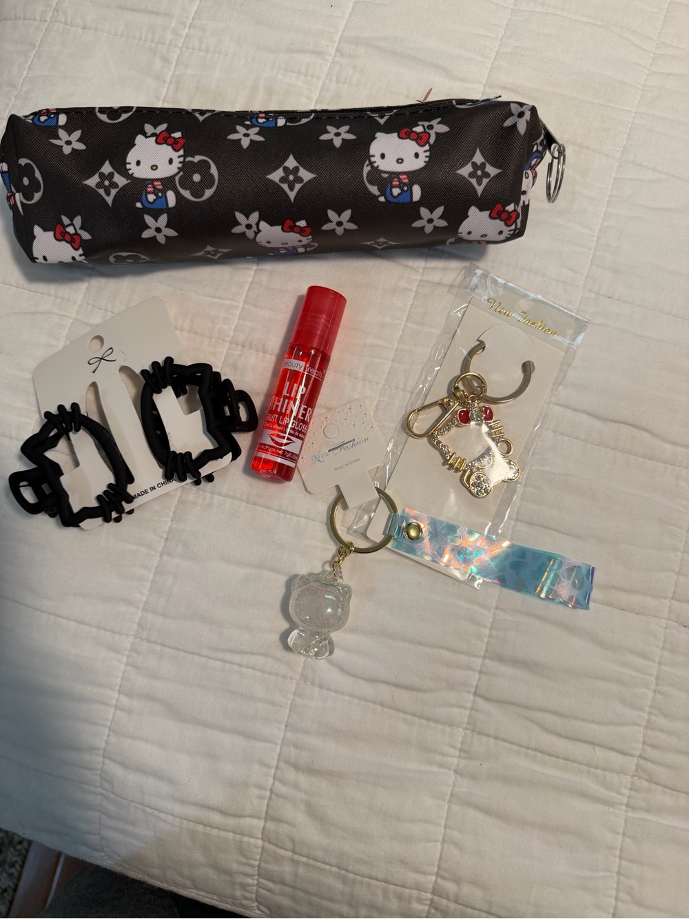 Hello Kitty Black and White Cosmetic Pouch with Red Lip Balm & Keychains